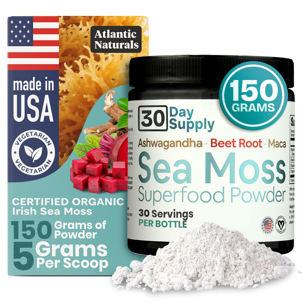 Packaging of Atlantic Naturals Sea Moss Superfood Powder with vanilla flavor, 150g