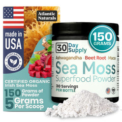 Packaging of Atlantic Naturals Sea Moss Superfood Powder with vanilla flavor, 150g