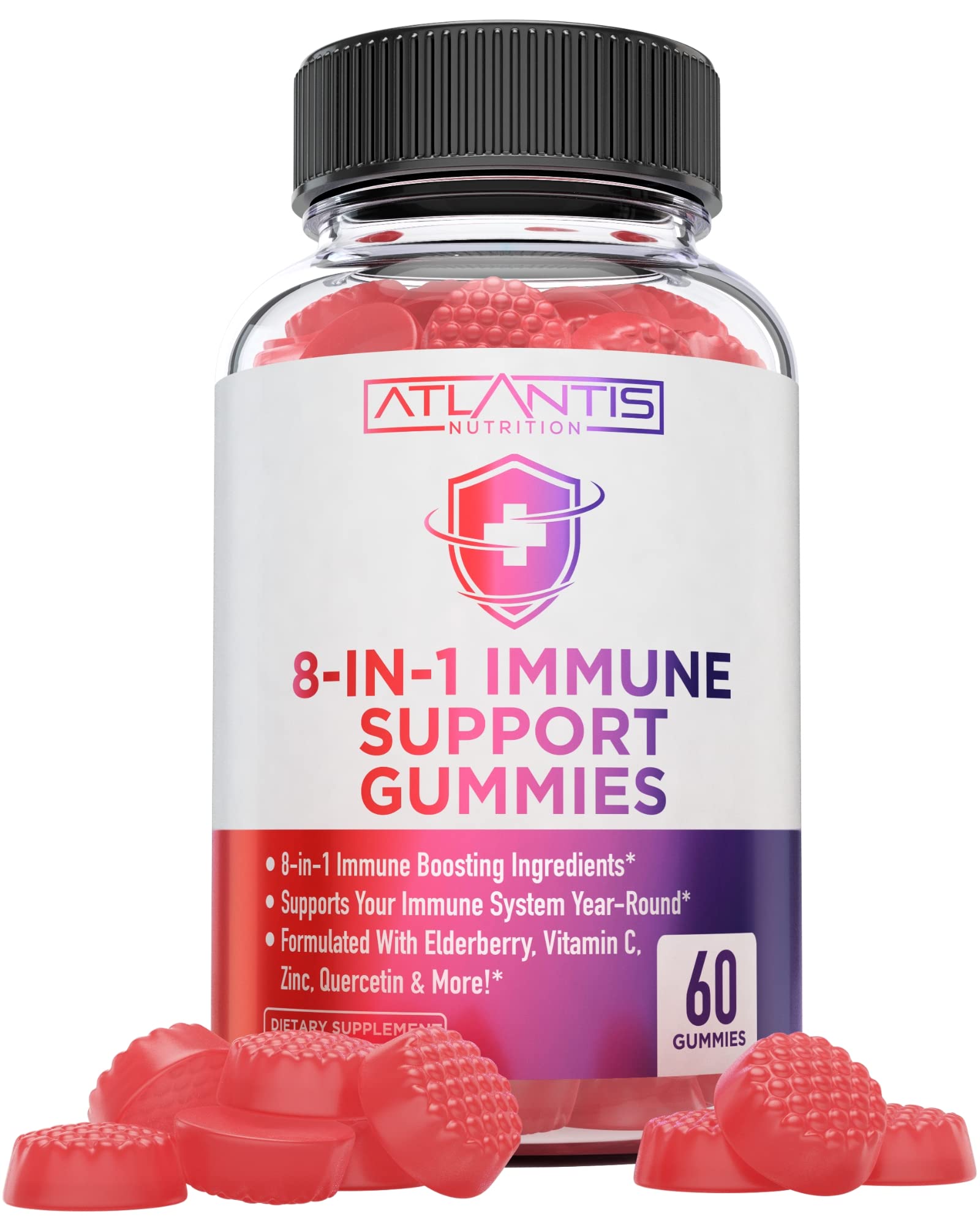 Bottle of Atlantis Nutrition 8-in-1 Immune Gummies with Elderberry