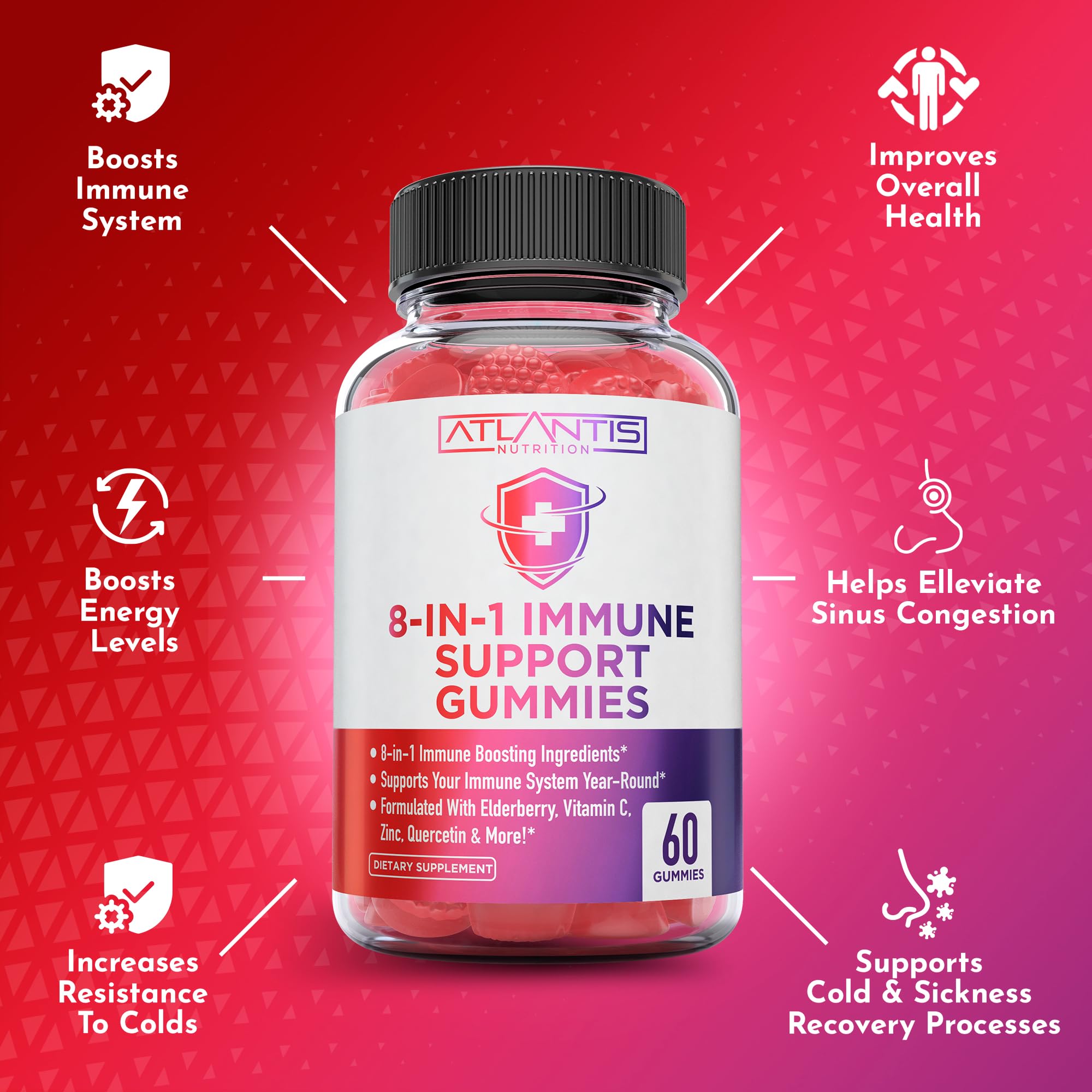 Assorted berry-flavored immune support gummies