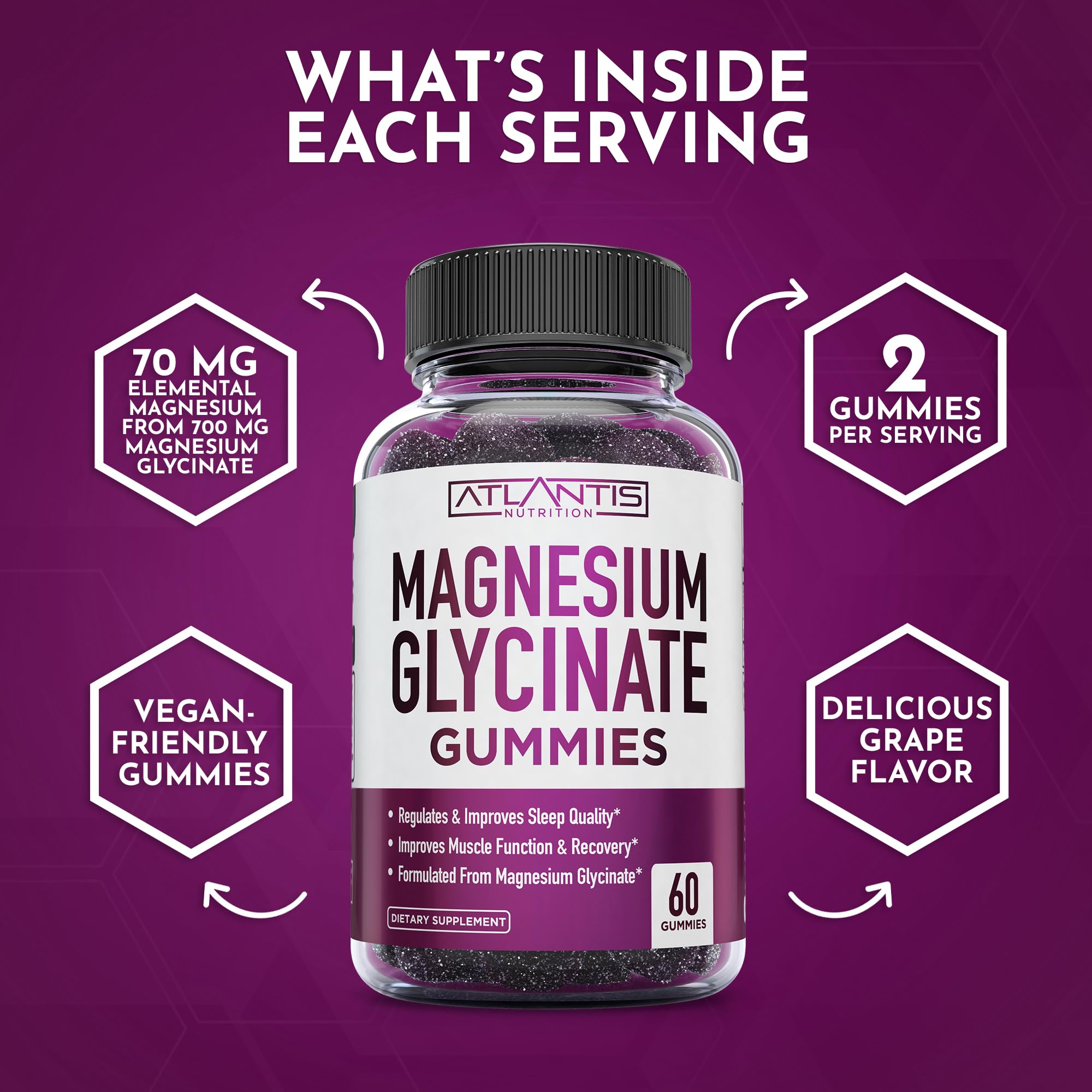 Grape-flavored Atlantis Nutrition Gummies packaging and serving suggestion