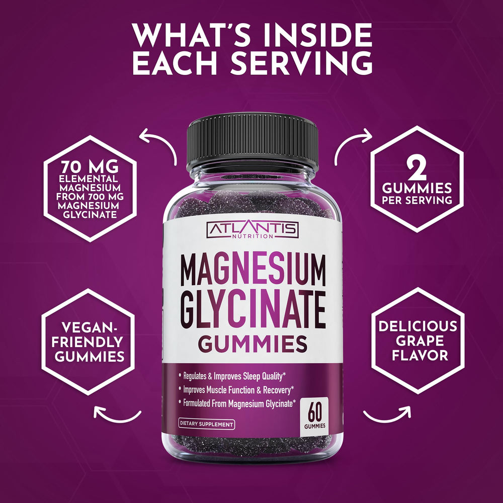 Grape-flavored Atlantis Nutrition Gummies packaging and serving suggestion