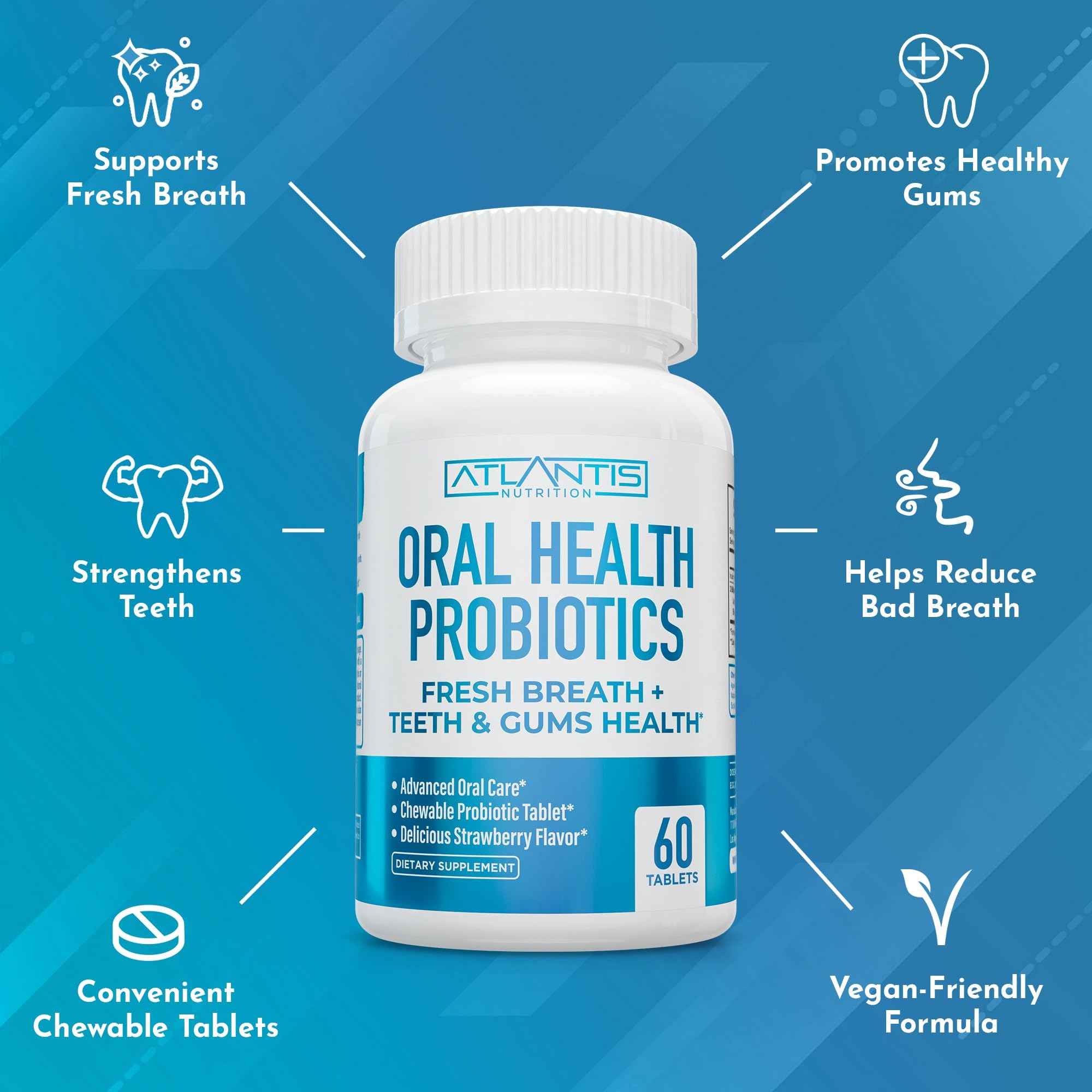 Product packaging overview for Atlantis Nutrition dental probiotics
