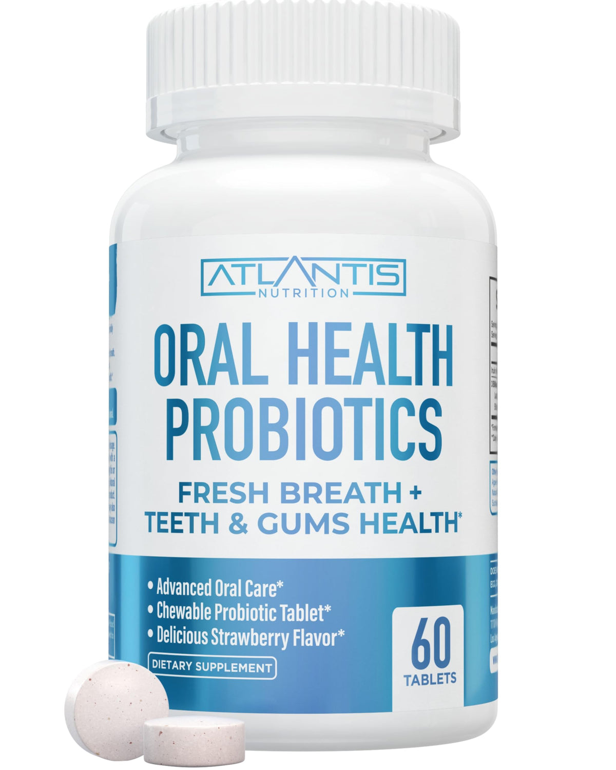 Atlantis Nutrition Oral Probiotics bottle with strawberry flavor chewables - 60 count - front view