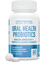 Atlantis Nutrition Oral Probiotics bottle with strawberry flavor chewables - 60 count - front view