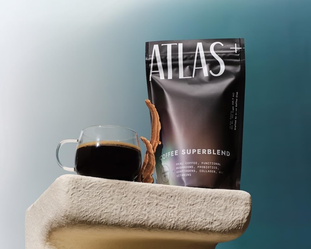 Lifestyle shot of Atlas+ Coffee Superblend on kitchen counter