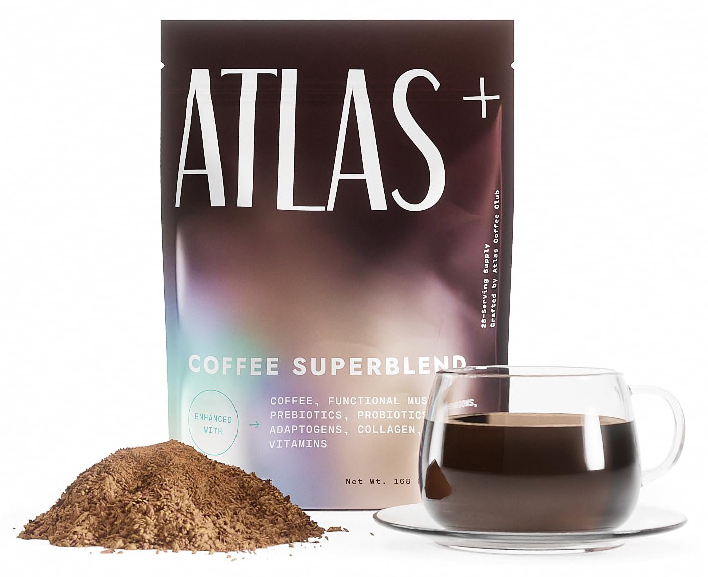 Atlas Coffee Club Superblend bag front, premium branding for daily energy support.