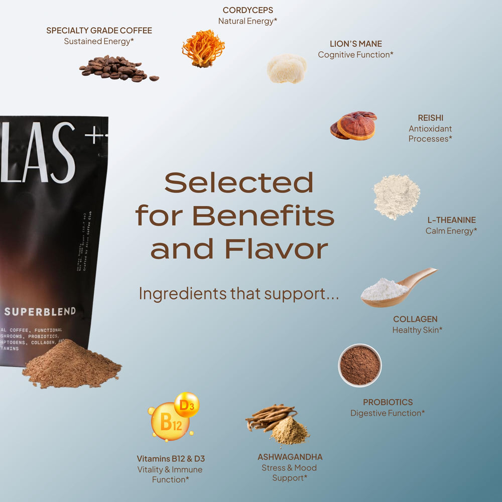 Atlas Coffee Superblend cup with steam, showcasing rich flavor and focus-friendly caffeine.