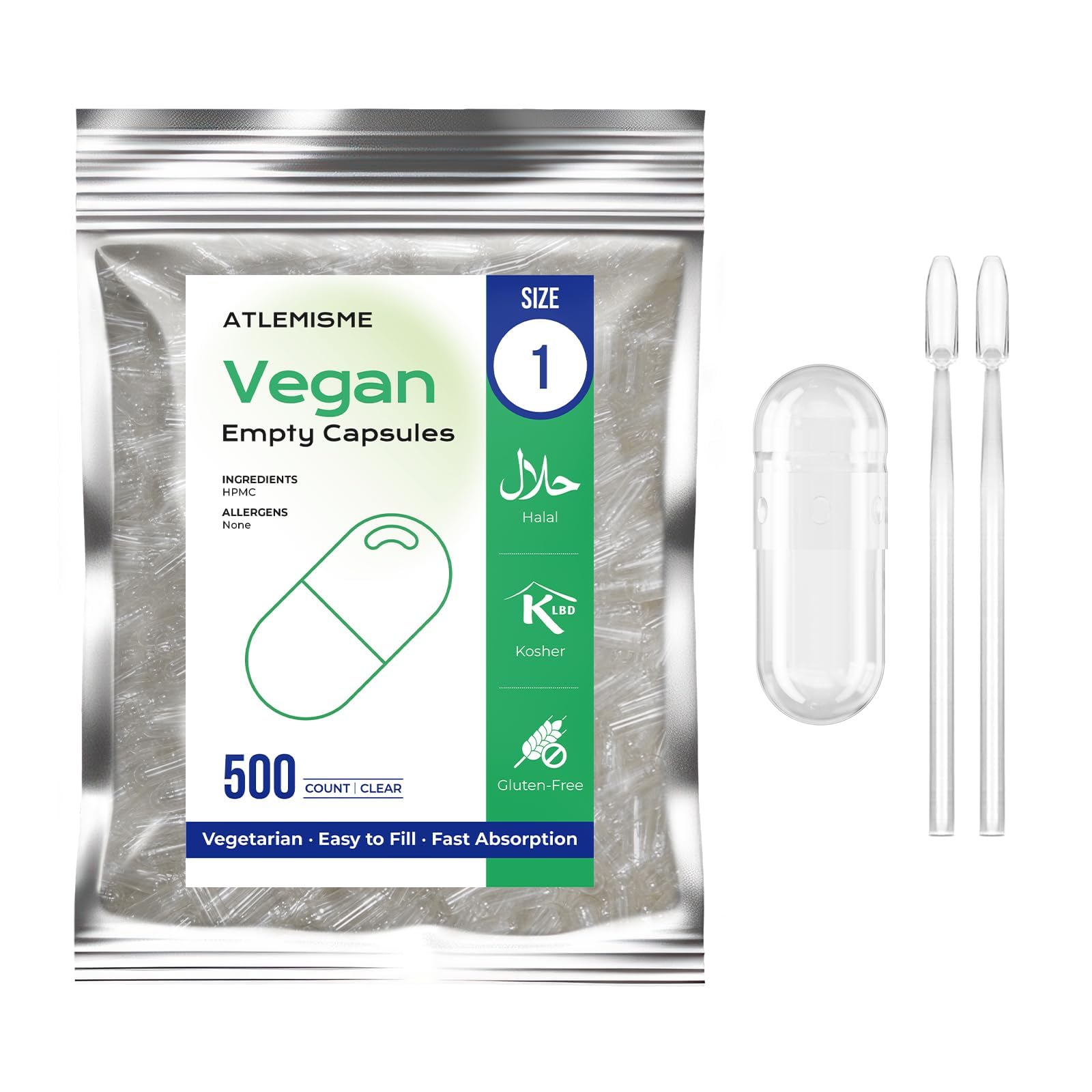 ATLEMISME packaging for empty vegan capsules size 1, 500-count