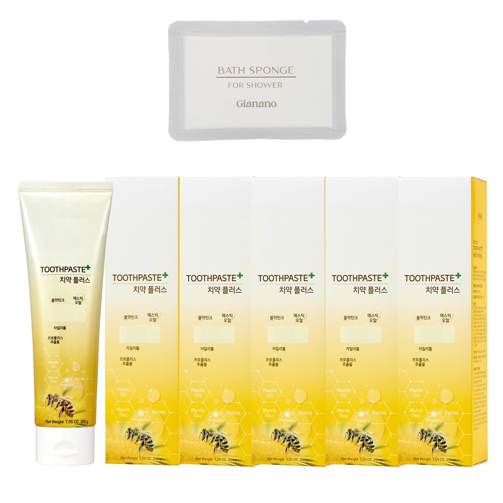 Front view of a.t.o.m.y GreenPropolis Toothpaste 200g 5-pack set