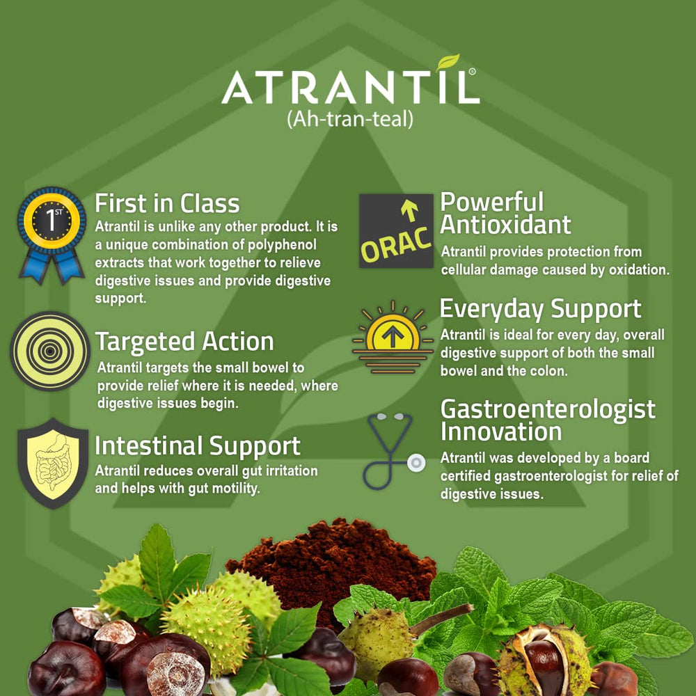 Atrantil digestive scene with capsules and diagram of small intestine balance.