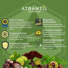 Atrantil digestive scene with capsules and diagram of small intestine balance.