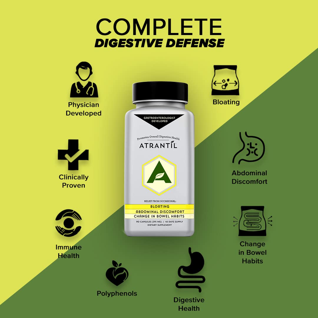 Atrantil packaging art image highlighting polyphenol blend and gut health benefits.