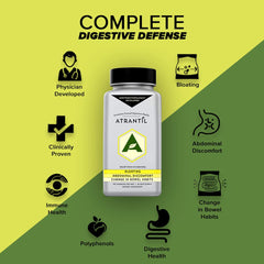 Atrantil packaging art image highlighting polyphenol blend and gut health benefits.