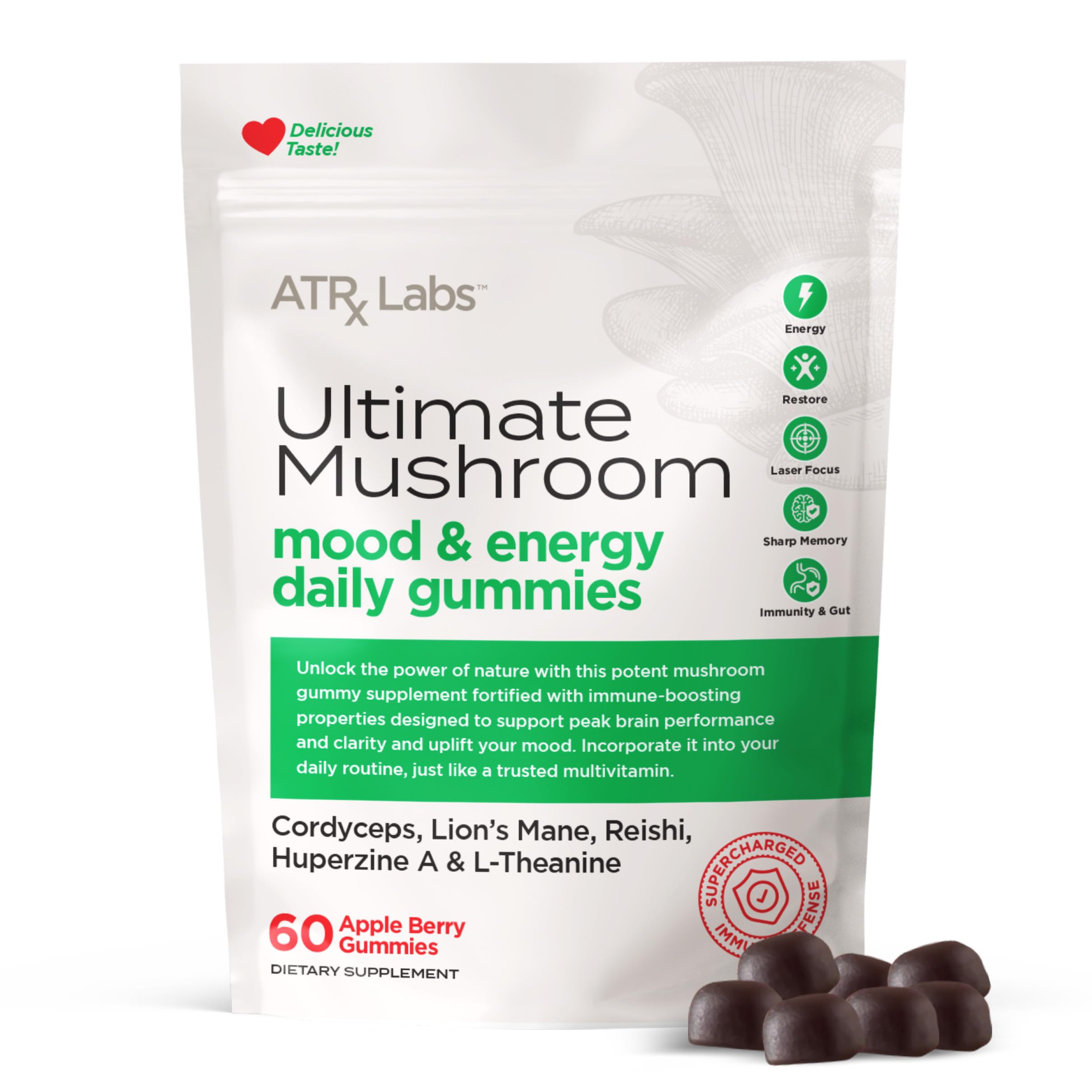 ATRx Labs Ultimate Mushroom Daily Gummies bottle with Apple Berry flavor
