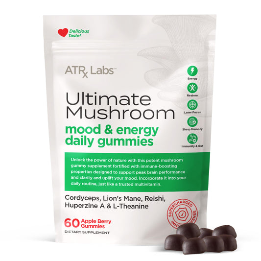 ATRx Labs Ultimate Mushroom Daily Gummies bottle with Apple Berry flavor