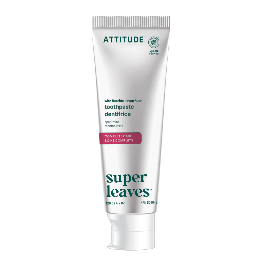 Tube of ATTITUDE Complete Care Toothpaste with Fluoride and Spearmint flavor
