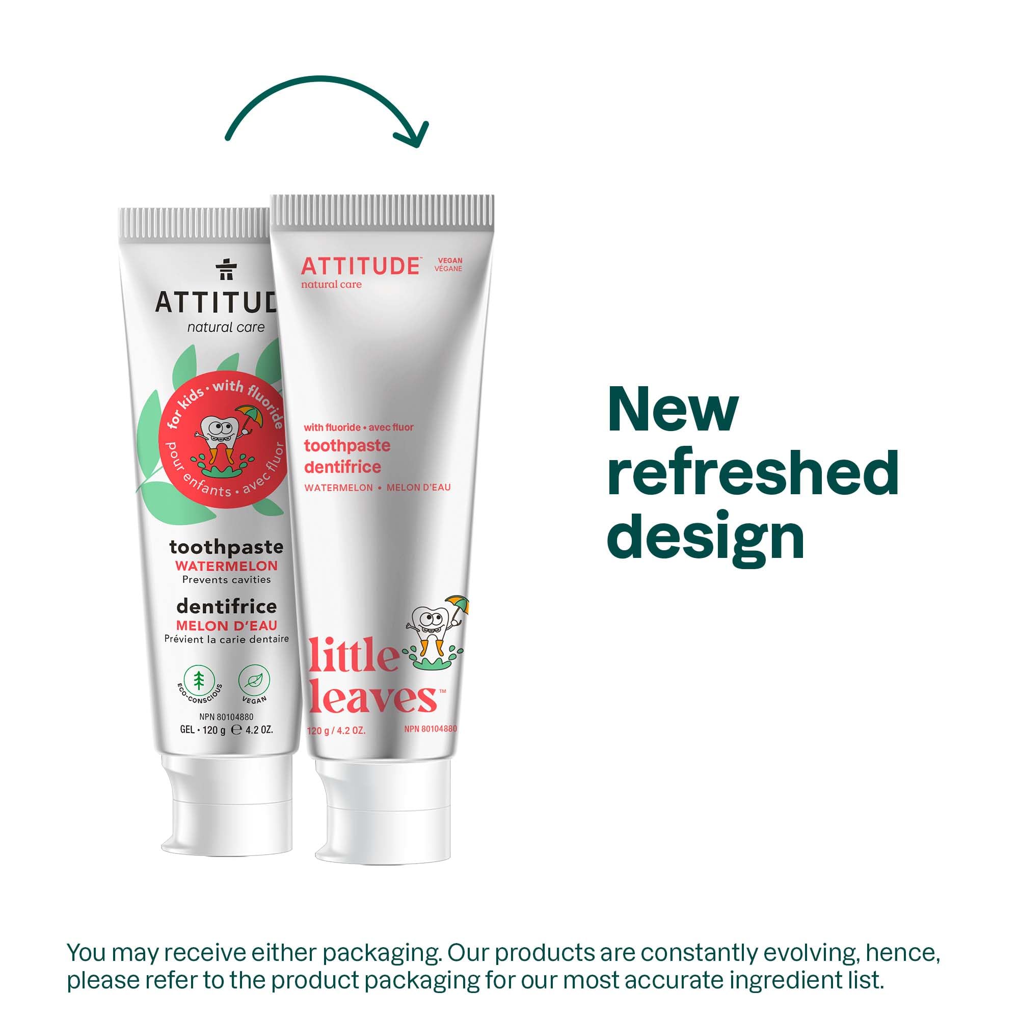 Back of ATTITUDE Watermelon Fluoride Toothpaste 4.2 oz tube showing ingredients