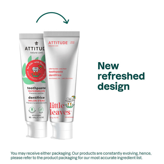 Back of ATTITUDE Watermelon Fluoride Toothpaste 4.2 oz tube showing ingredients