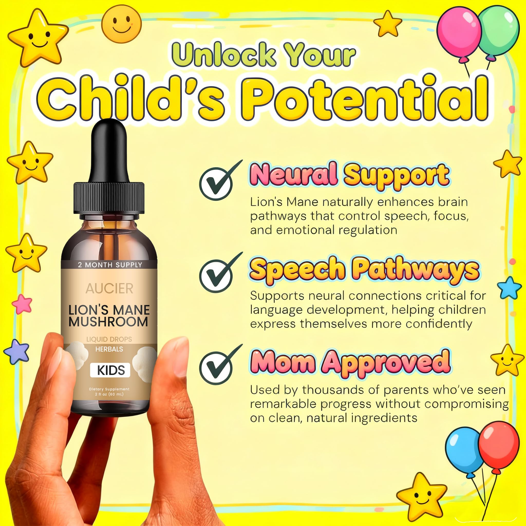 Dropper dispensing Lion's Mane liquid for kids