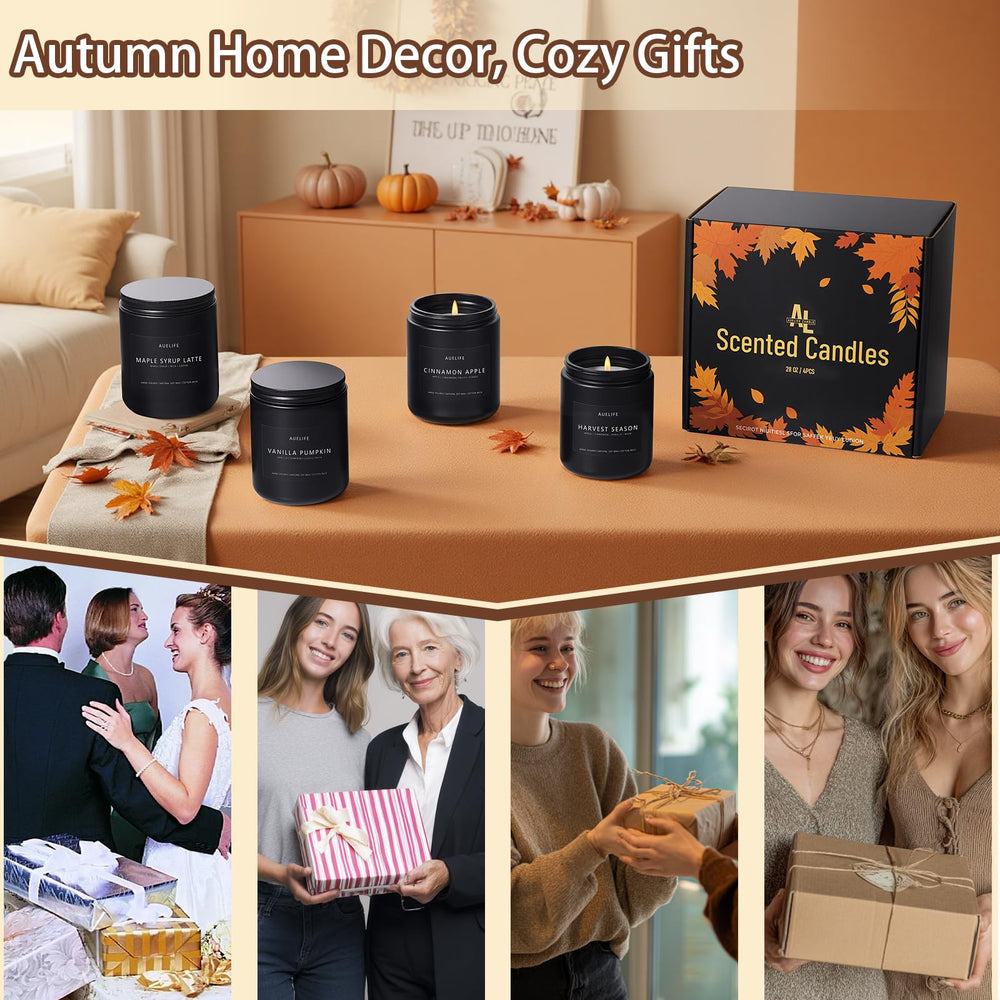 Auelife size and scale of all four 7 oz candles on a shelf