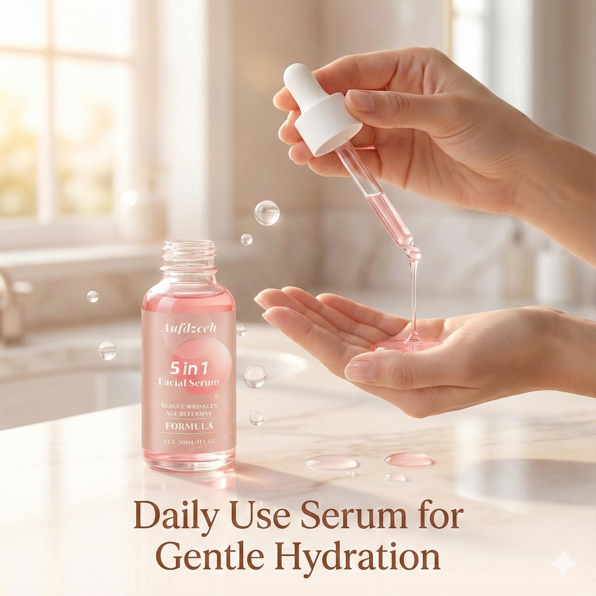Aufdzceh 5-in-1 serum close-up; features HA and niacinamide for hydration.