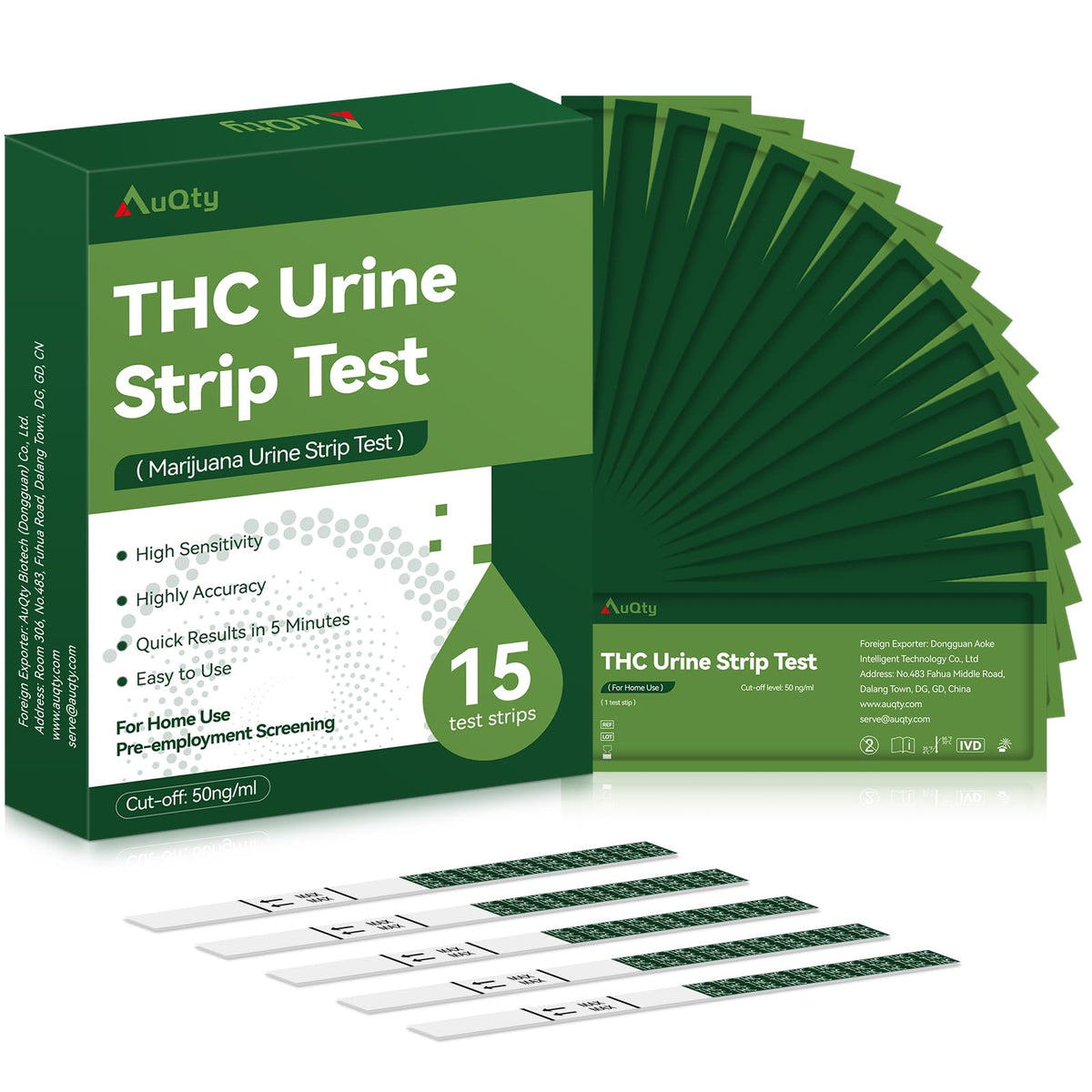 AuQty THC Home Drug Test Kit box with 15 test strips