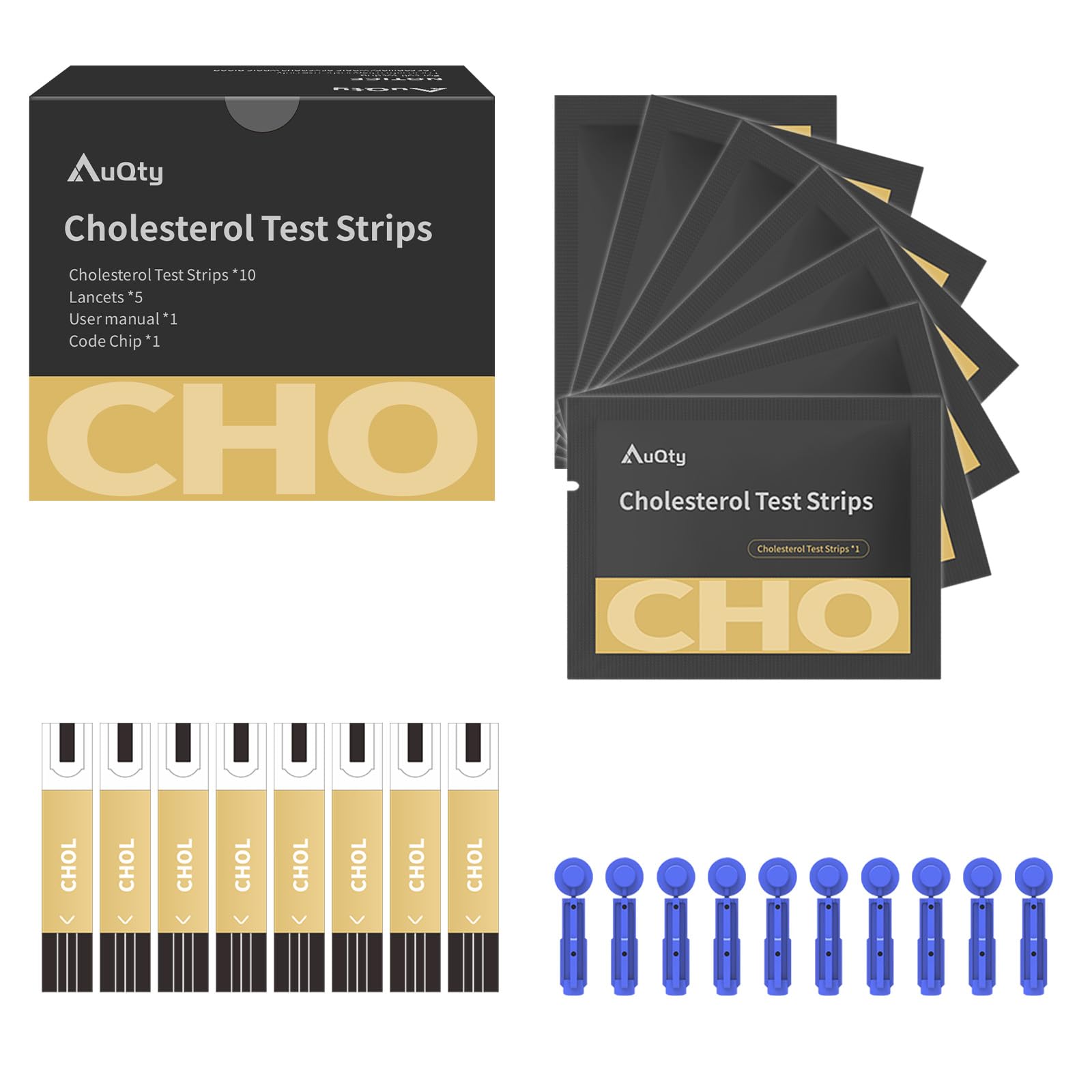 AuQty GUC-B01 Cholesterol Test Strips with 10 Lancets (10Pcs)