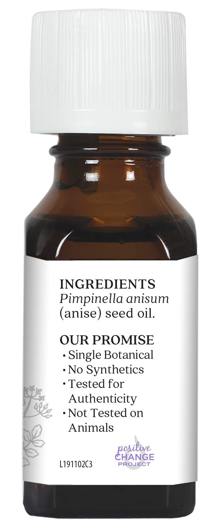 Aura Cacia anise-seed essential oil bottle label closeup confirms purity for trusted blends.