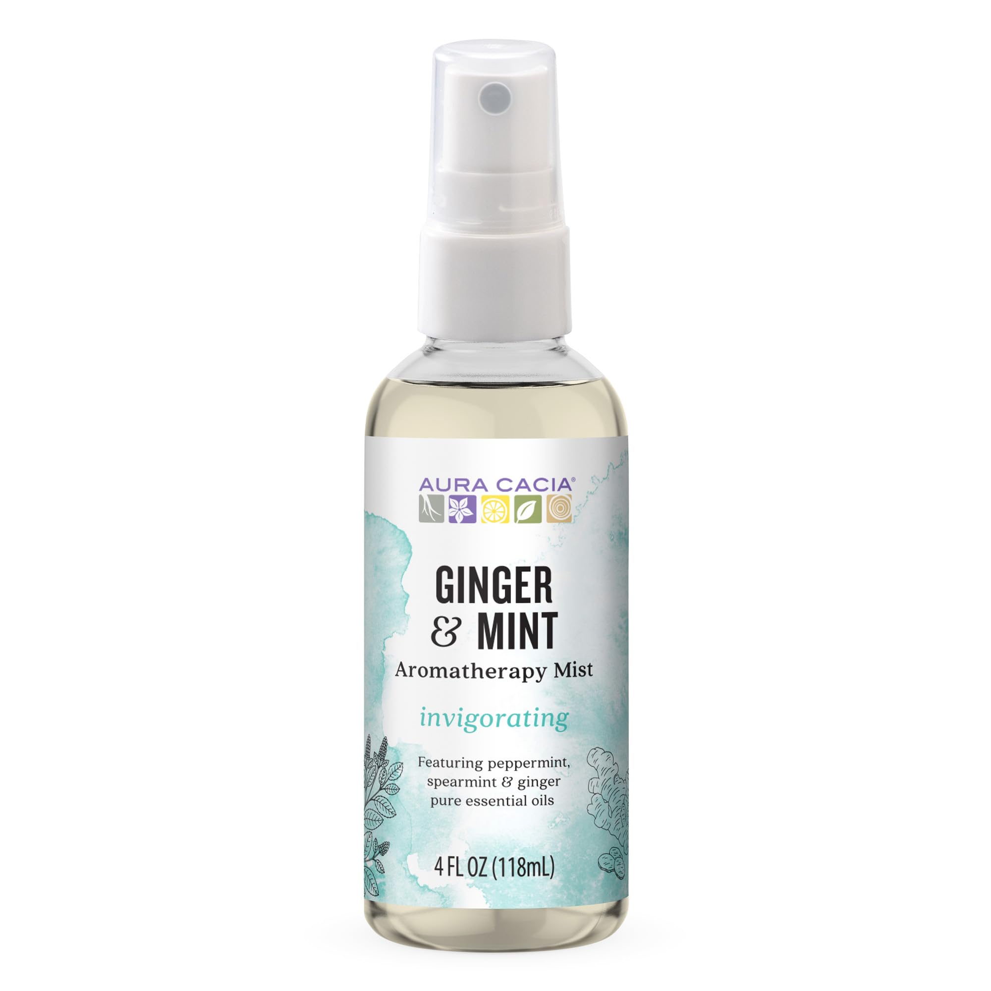 Aura Cacia Aromatherapy Mist Ginger Mint bottle offers a refreshing mood boost and on-the-go fragrance.
