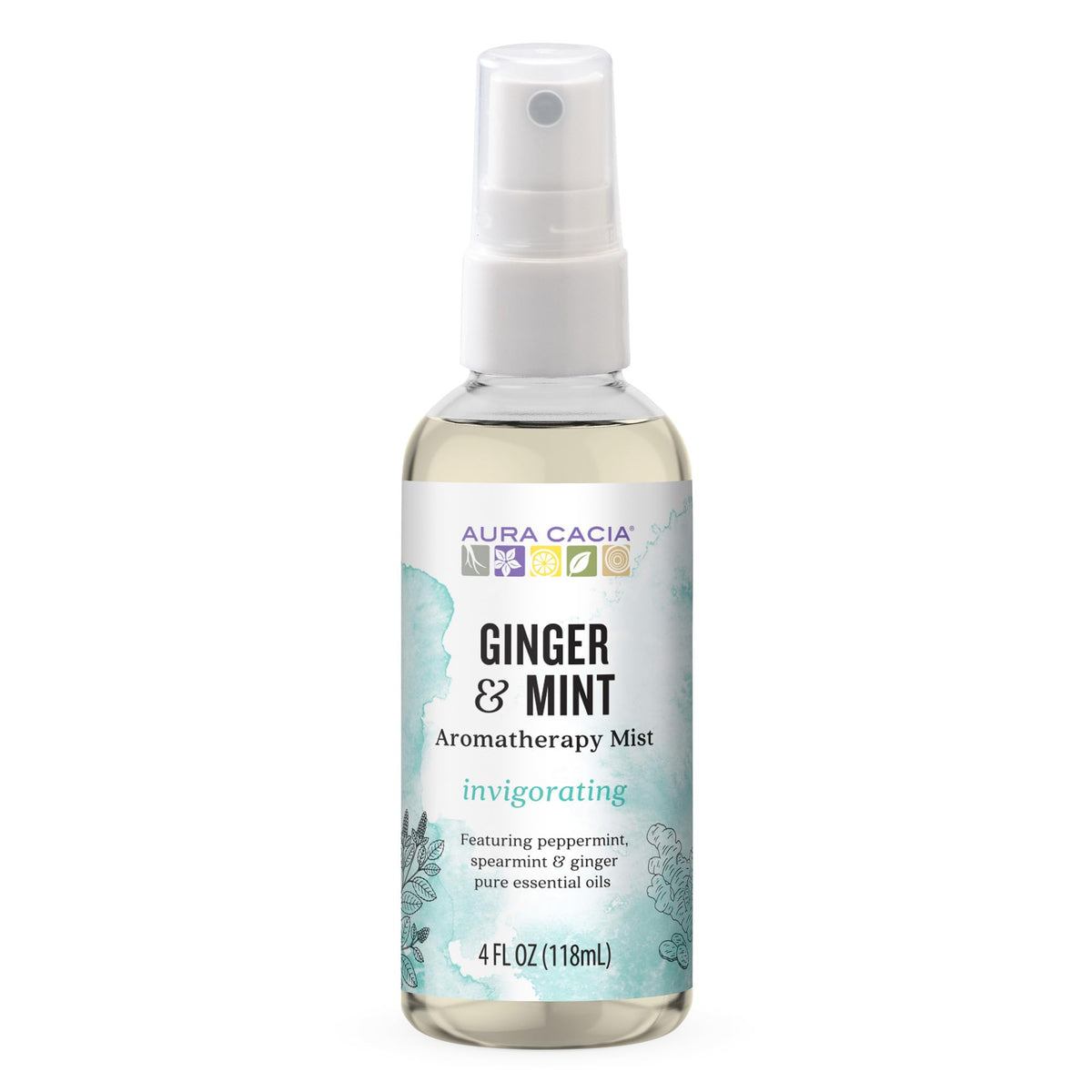 Aura Cacia Aromatherapy Mist Ginger Mint bottle offers a refreshing mood boost and on-the-go fragrance.