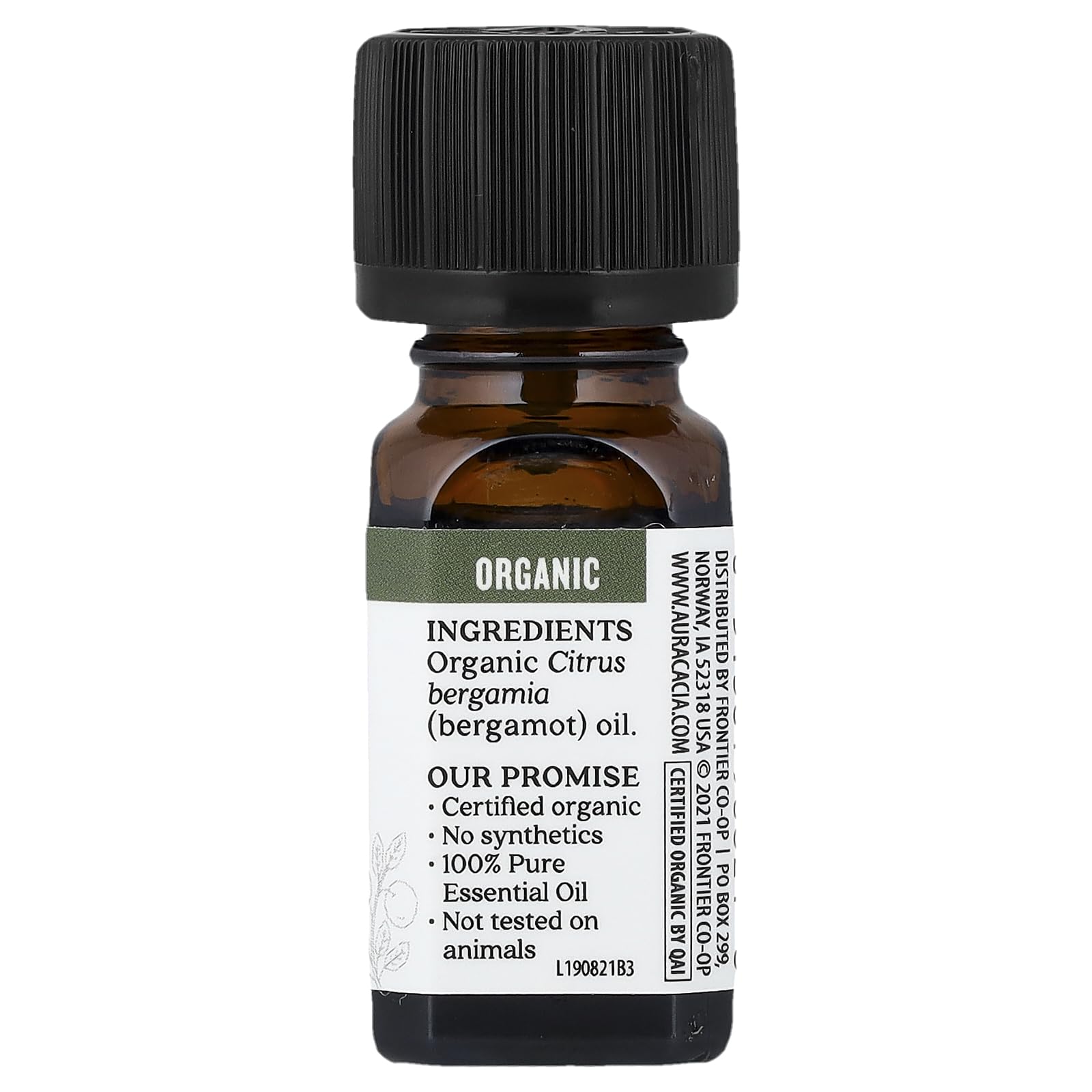 Close-up of Aura Cacia Bergamot essential oil label