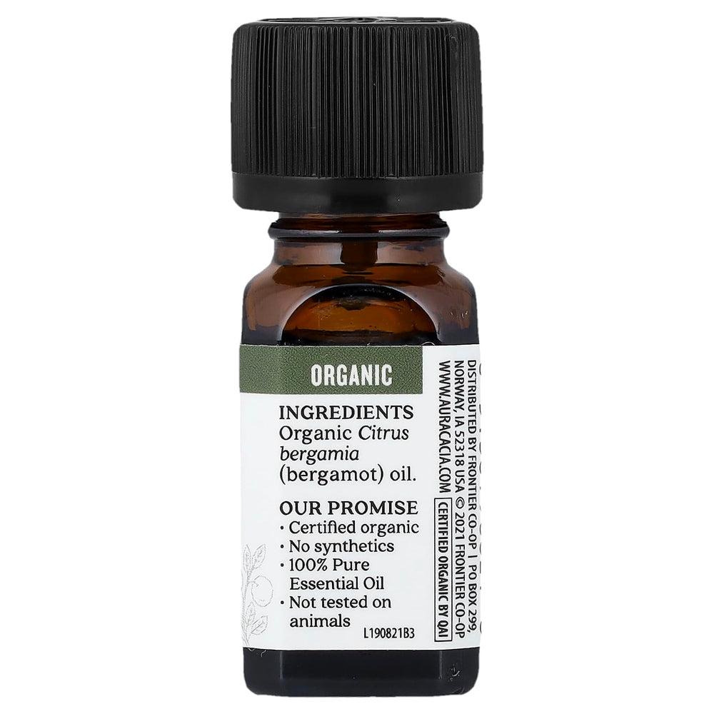 Close-up of Aura Cacia Bergamot essential oil label