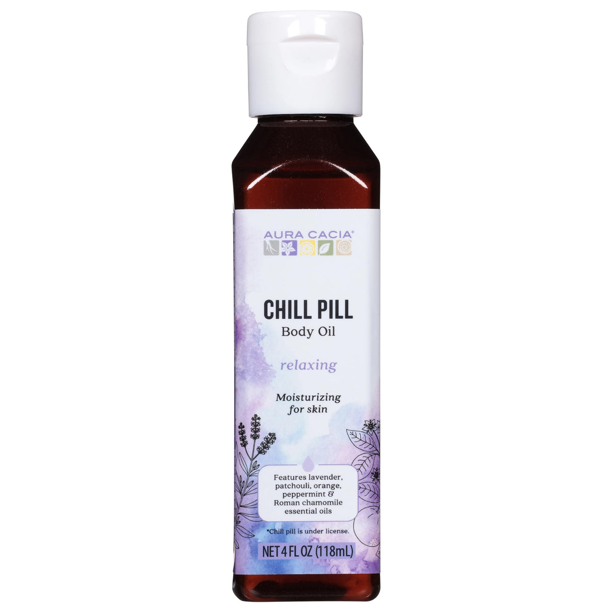 Aura Cacia Chill Pill Body Oil bottle 4 oz with lavender, patchouli, sweet orange, peppermint, and Roman chamomile essential oils