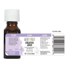 Aura Cacia Creative Juice packaging illustrates pure ingredients for mindful shopping.
