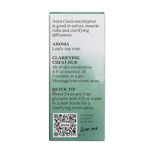 Close-up of Aura Cacia eucalyptus essential oil bottle