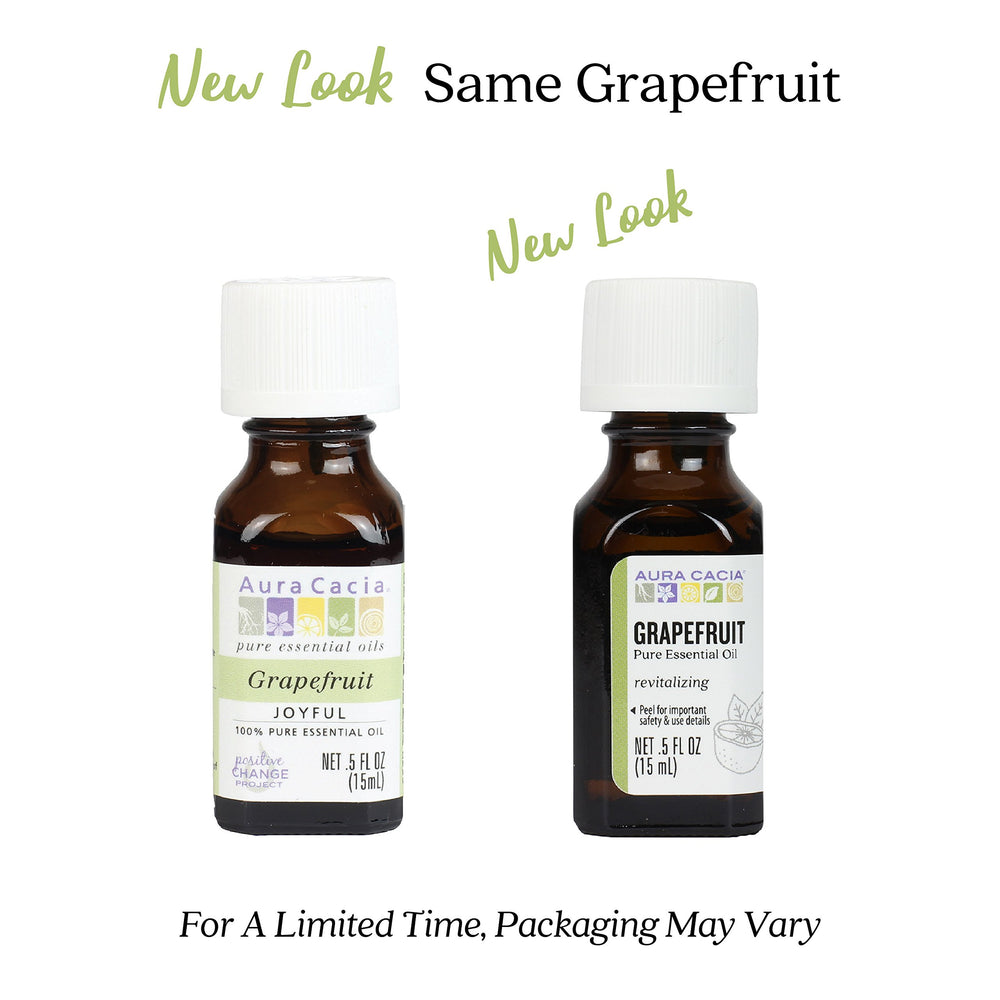 Aura Cacia Joyful Grapefruit essential oil bottle side profile for easy portioning in routines