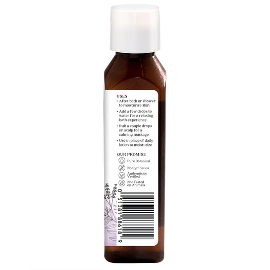 Close up of Aura Cacia Lavender Harvest Bath Oil 4 oz label