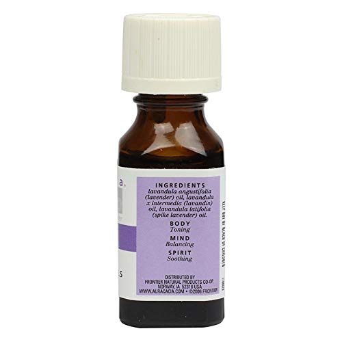 Close-up of Aura Cacia Lavender Harvest essential oil bottle
