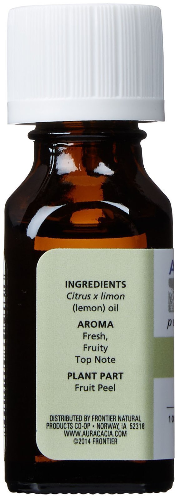 Close-up of Aura Cacia Lemon Essential Oil bottle