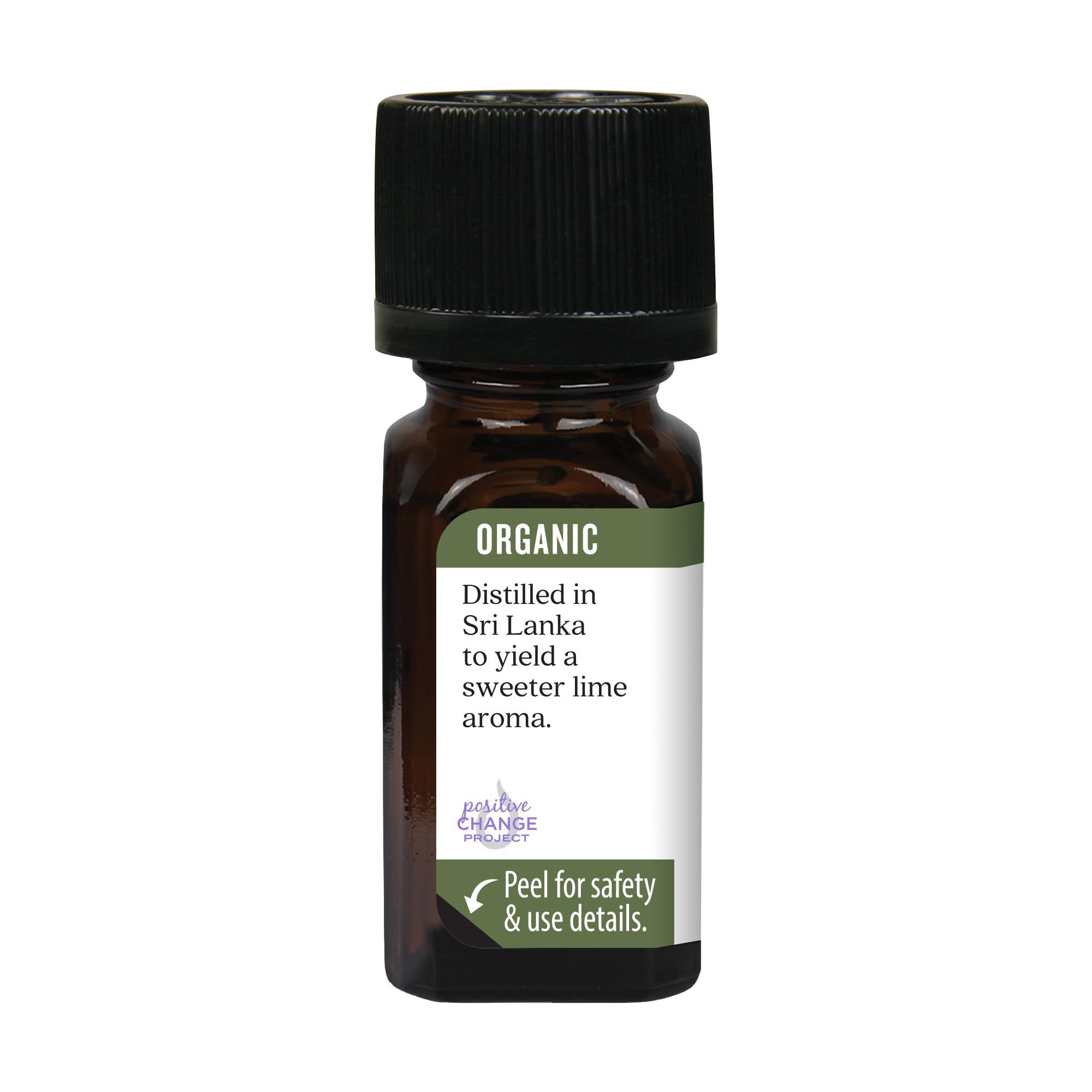 Aura Cacia lime essential oil packaging showing label update note