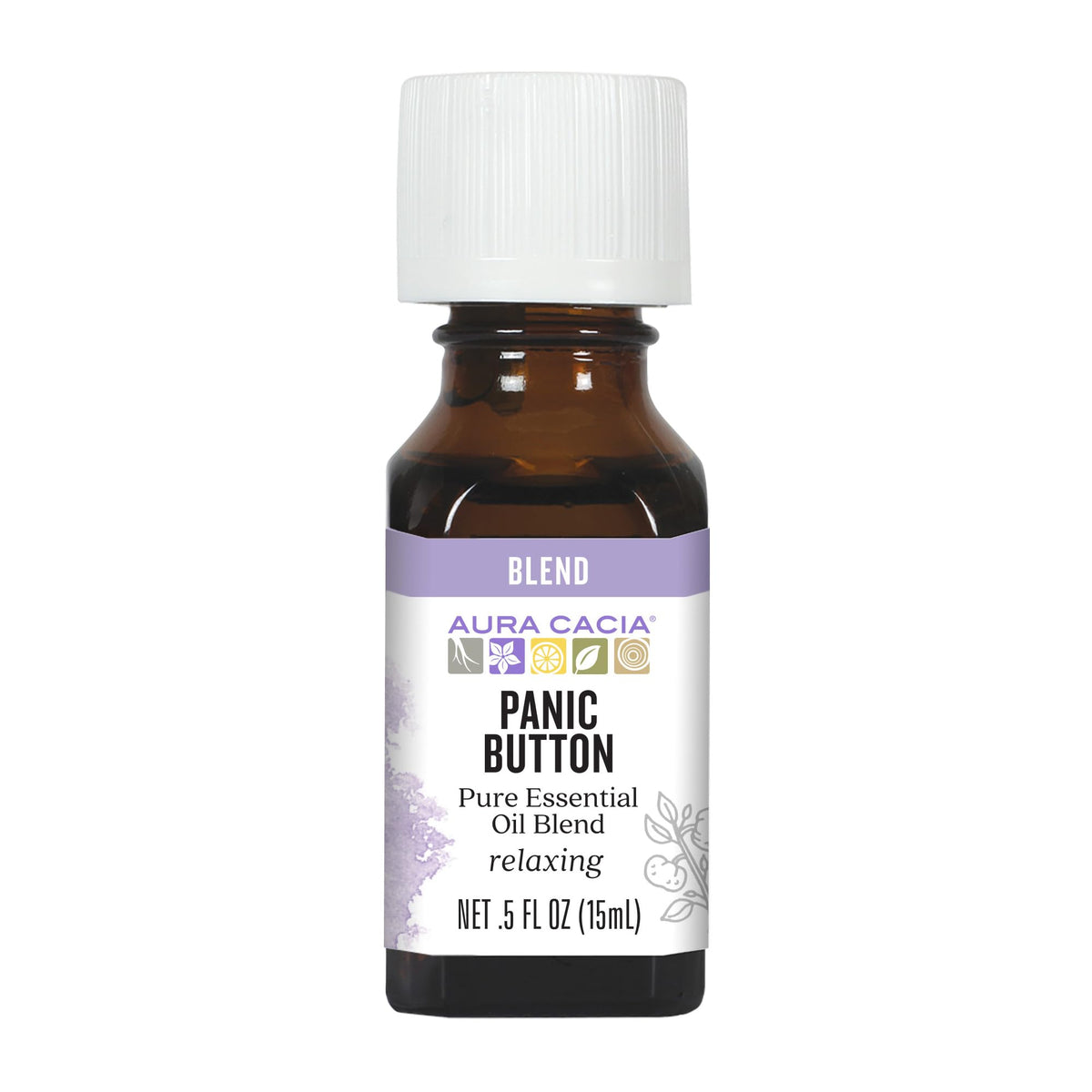 Aura Cacia Panic Button bottle for calming mood support with rose absolute and neroli