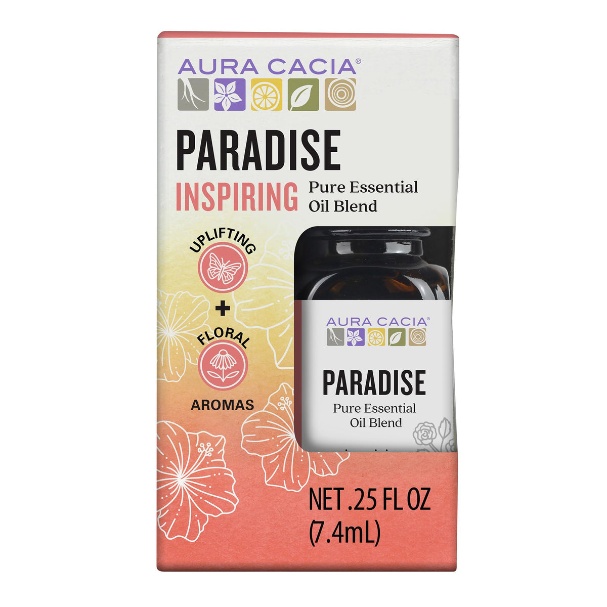 Aura Cacia Paradise essential oil blend bottle ready for diffuser, light refreshing aroma.
