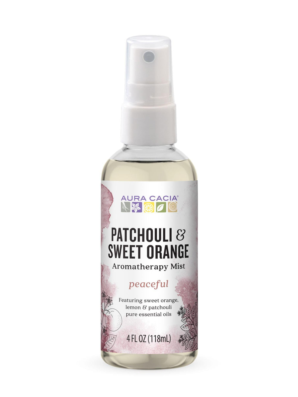 4 oz Aura Cacia Peaceful Patchouli & Sweet Orange Room & Body Mist bottle