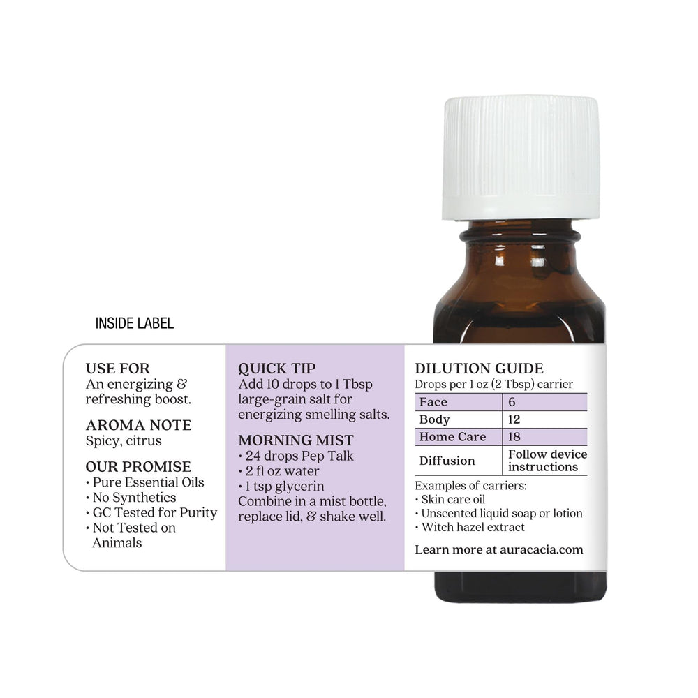 Aura Cacia Pep Talk label close-up showing 0.5 fl oz packaging