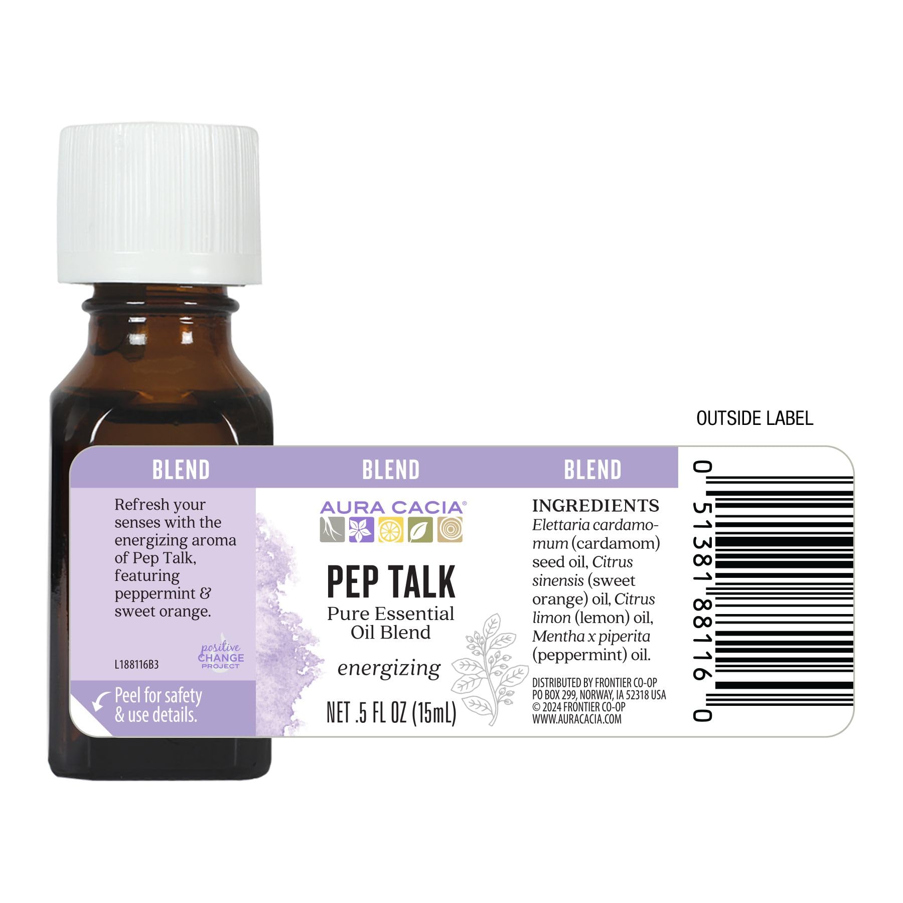 Aura Cacia Pep Talk product case and Frontier Co-op branding