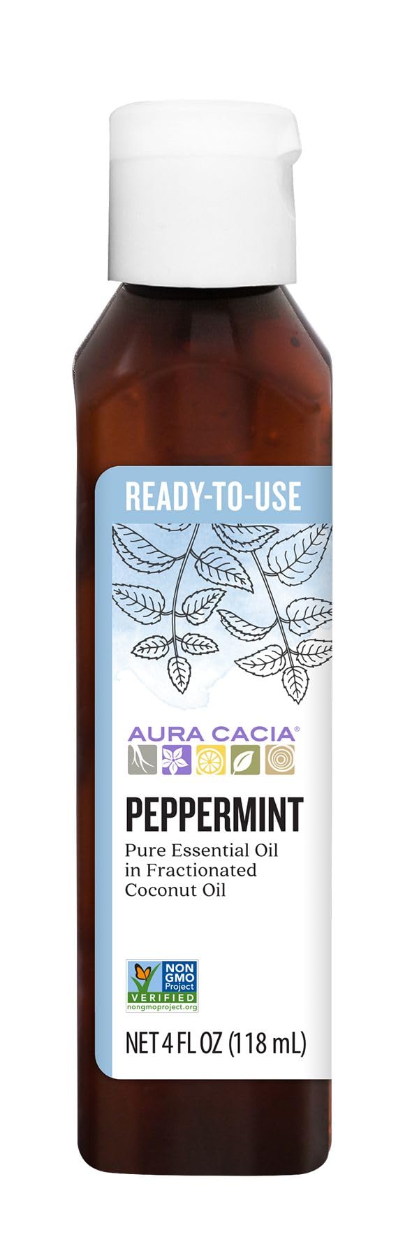 Aura Cacia peppermint oil in fractionated coconut oil bottle for quick on-skin freshness.