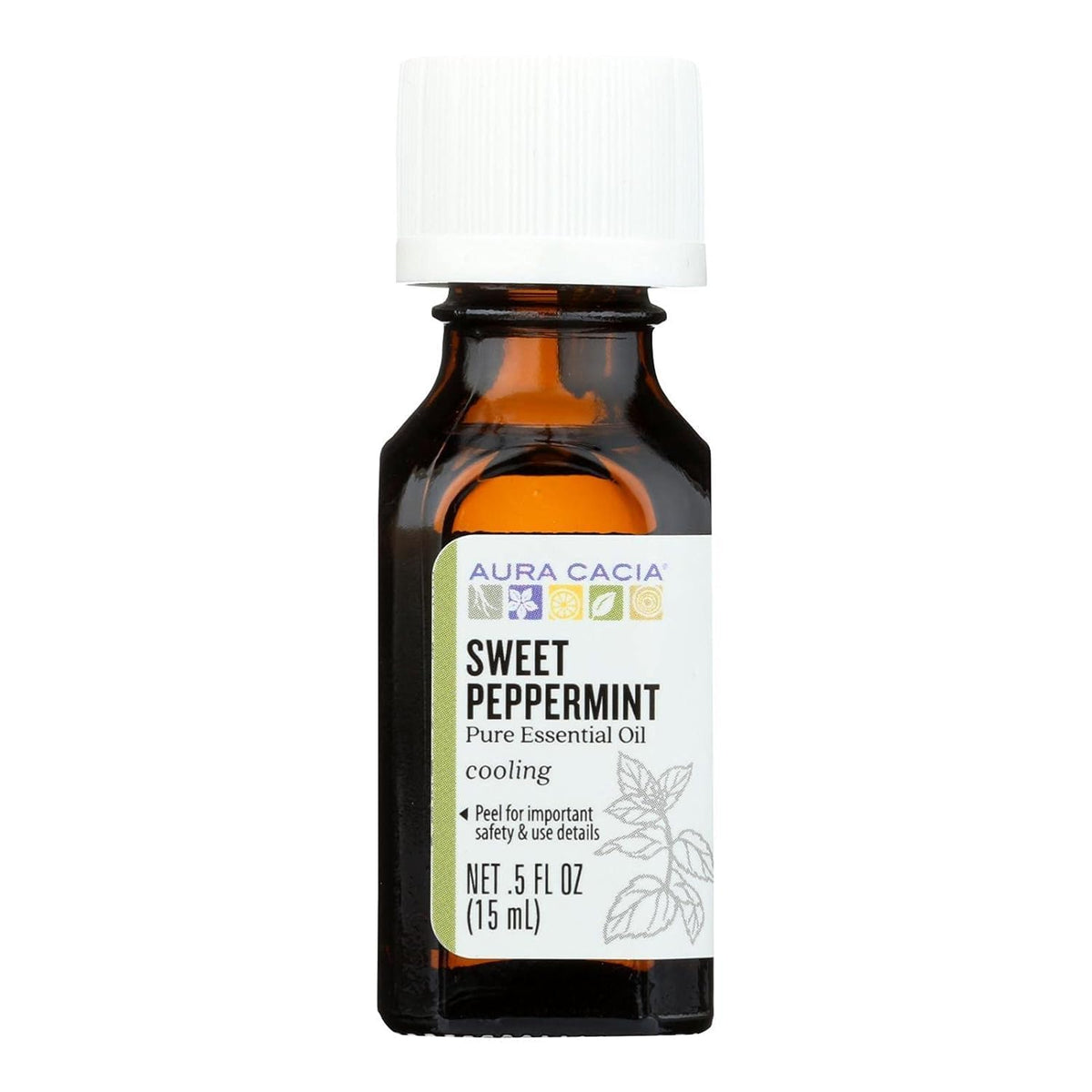 Aura Cacia pure sweet peppermint bottle shows a bright mint aroma for daily mood lift