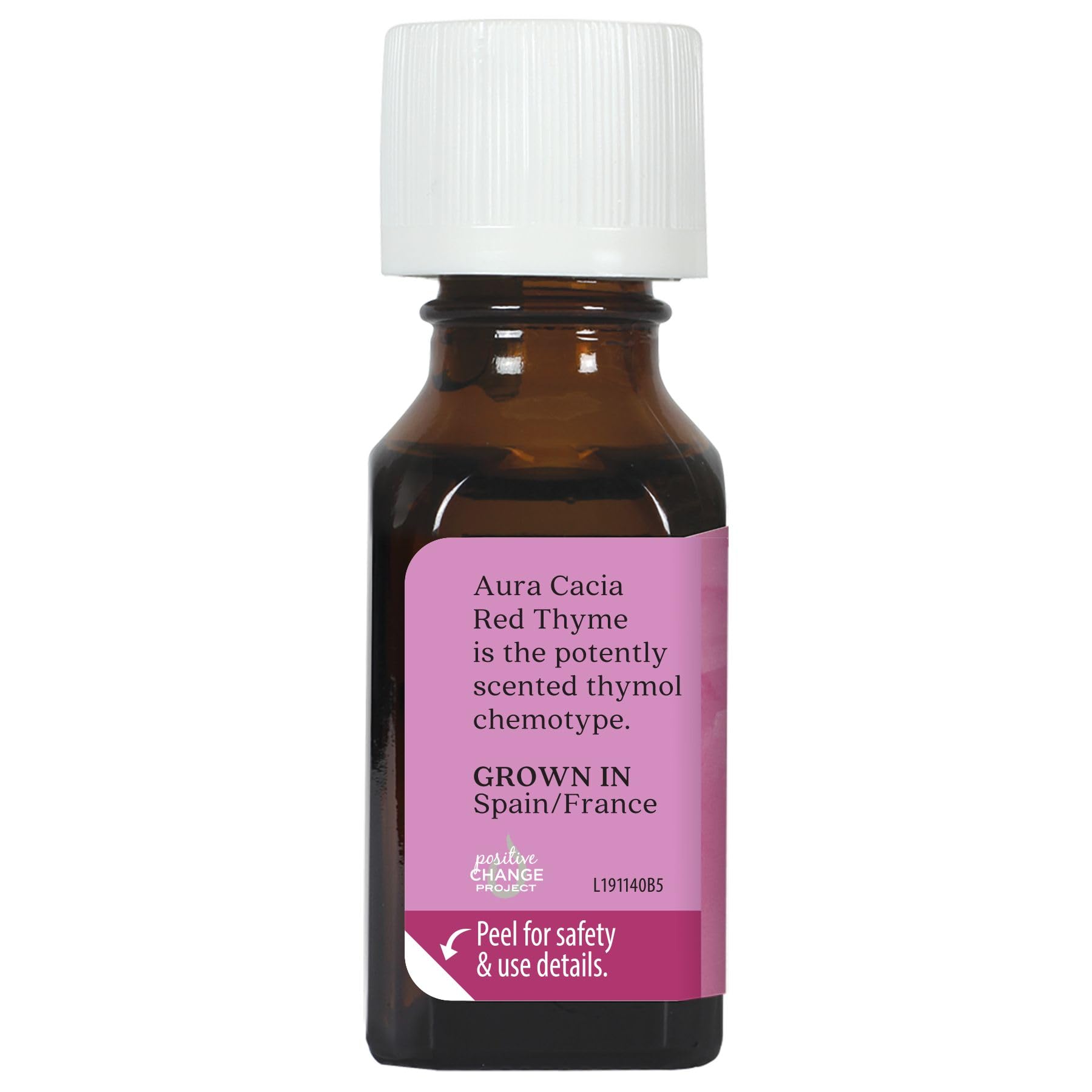 Close-up of Aura Cacia Red Thyme Essential Oil label