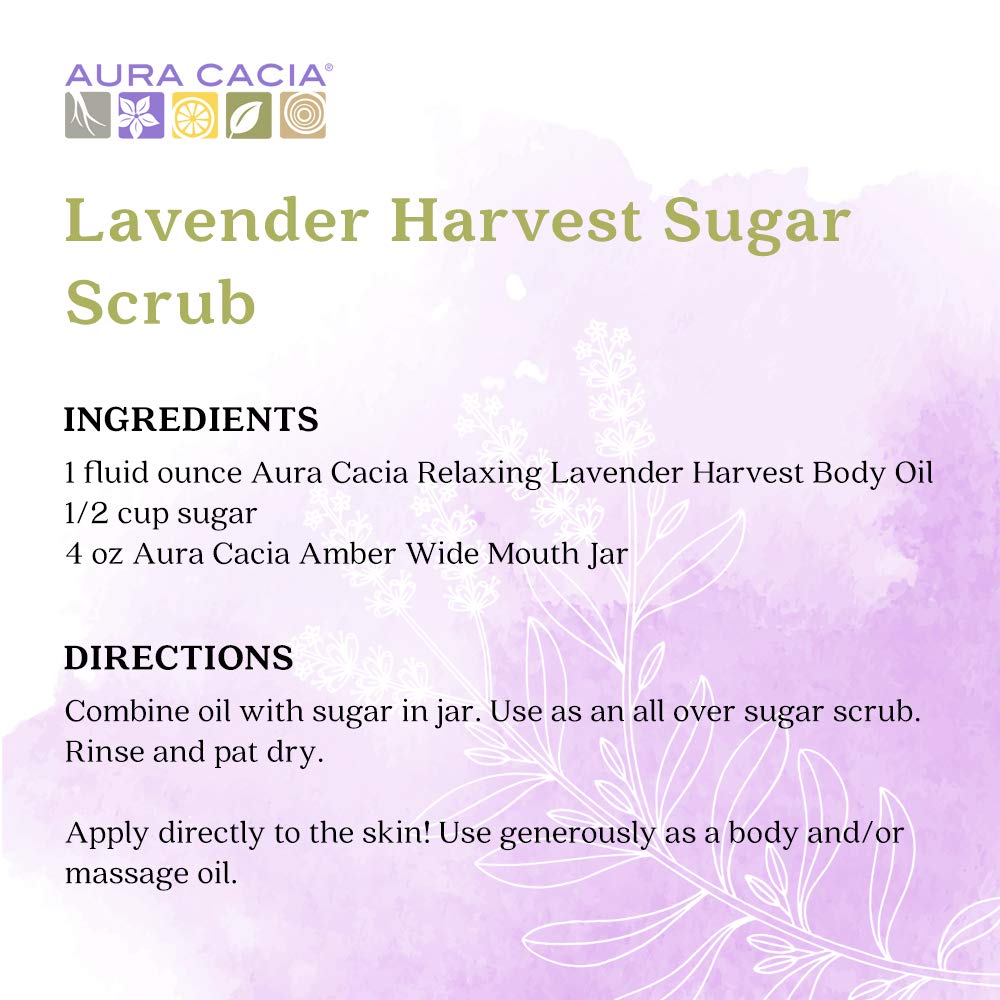 Back packaging of Aura Cacia Lavender Harvest Bath Oil 4 oz